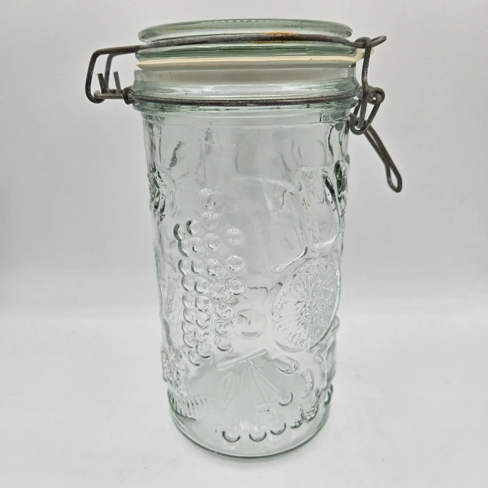 Fruit Embossed Clear Glass Canister with‎ Flip Top Vtg Jar Storage Container